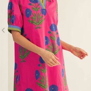 JODIFL Hot Pink Mini Dress with Blue Floral Embroidery and Green Accents
